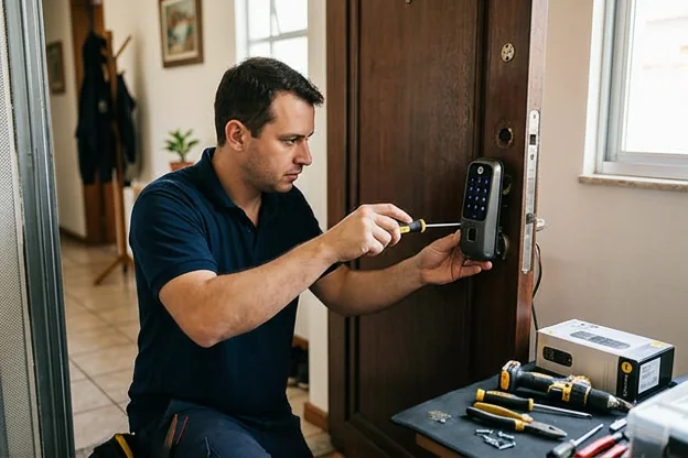 Chaveiro instalando uma fechadura digital na porta de uma casa em Pelotas.